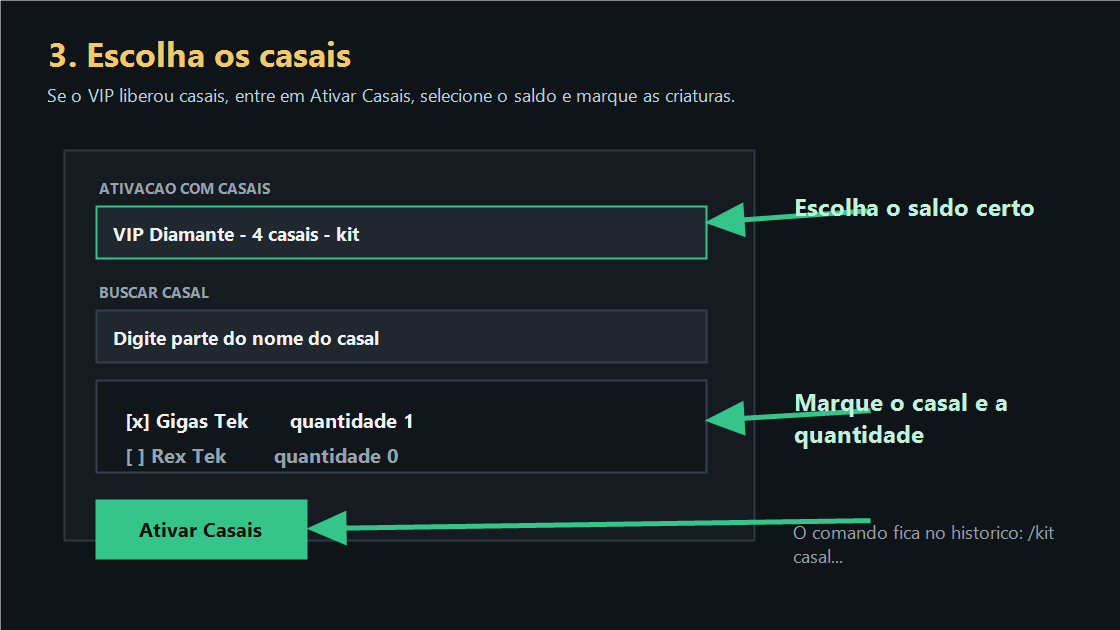 Tela mostrando como escolher ativa&ccedil;&atilde;o com casais, buscar casal e clicar em Ativar Casais.