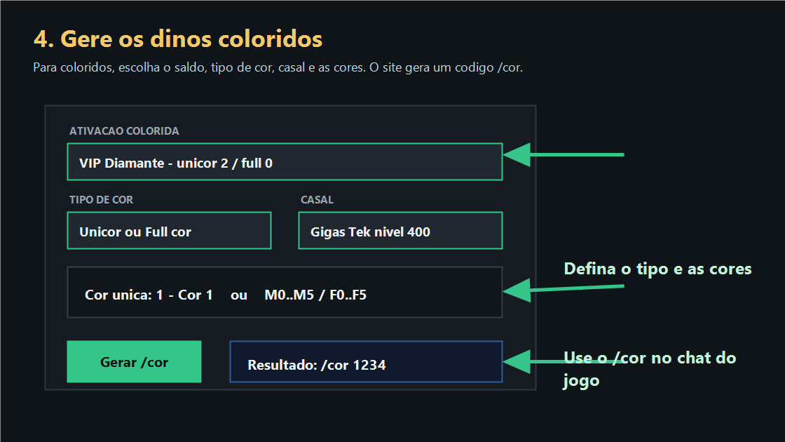 Tela mostrando como escolher saldo colorido, tipo de cor, casal, cores e gerar comando /cor.